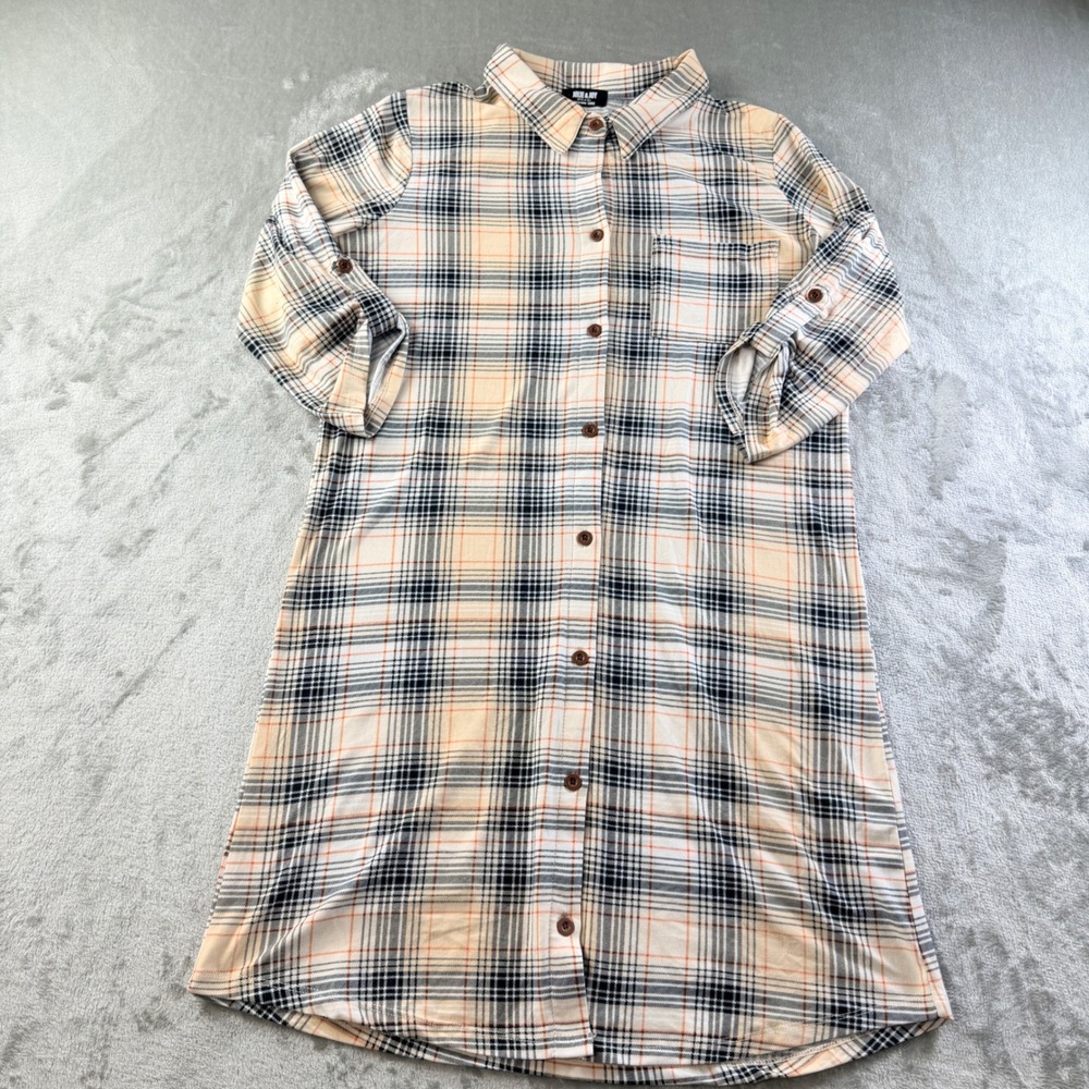 Jolie & Joy Plaid Button Down Shirt Dress Black Roll Tab Sleeve Women's Large